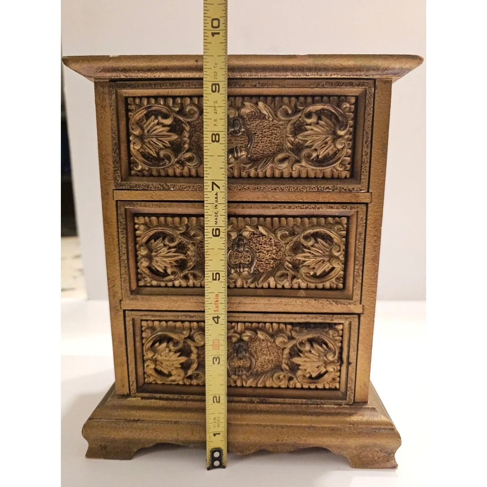 Vintage Royal Sealy Carved 3 Drawer Trinket Box Jewelry Music Box Gold Tone‎